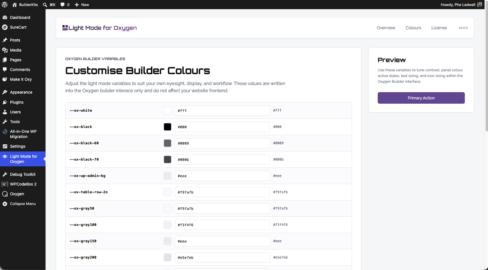Customise Builder Colours panel with 24 variables