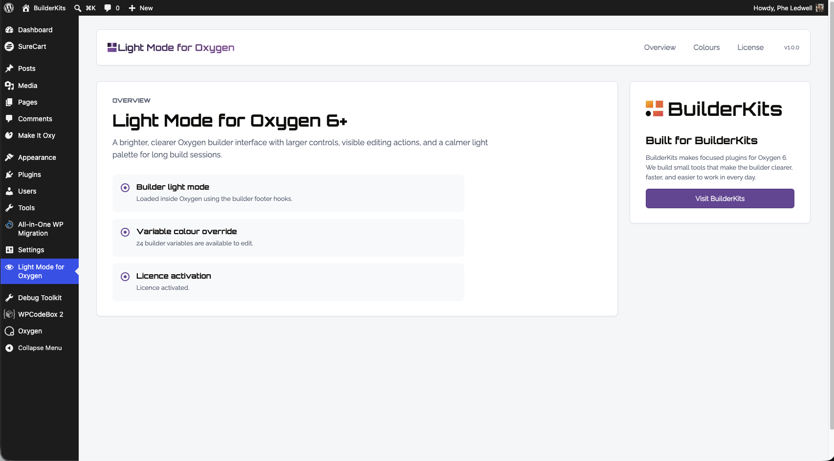 Light Mode settings dashboard inside WordPress