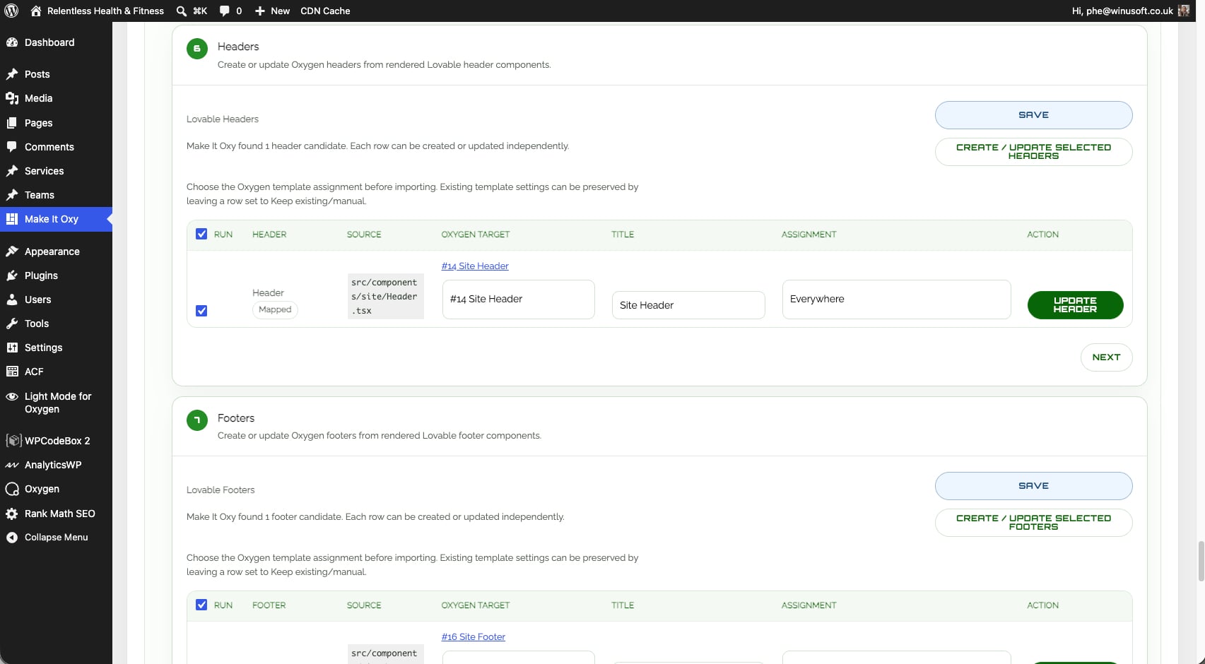 Headers and footers mapping screen